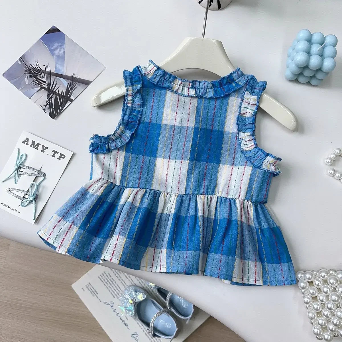 Girls’ Checkered Outfit Set – Sleeveless Top & Wide-Leg Pants