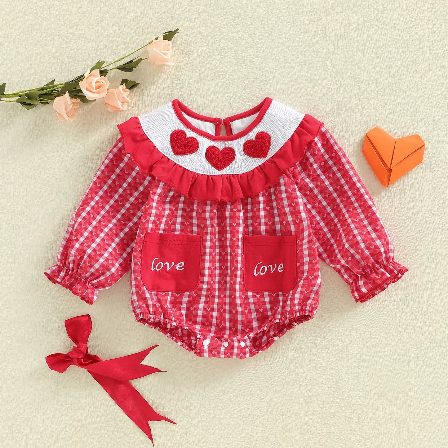 Long Sleeve Heart Embroidery Smocked Jumpsuit (0-18 Months)