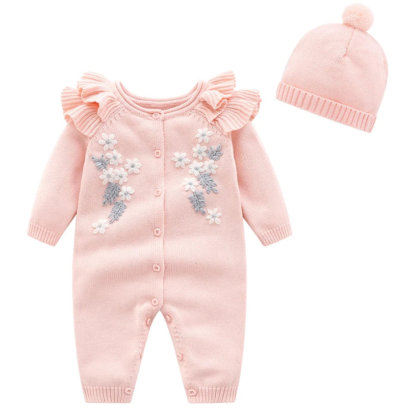 Baby Girl Knitted Romper with Matching Hat – Embroidered Floral Design