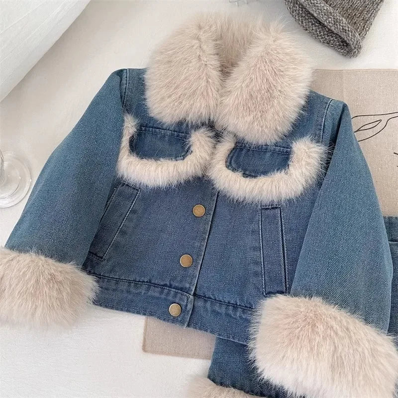 Girls Autumn & Winter Denim Coat and Skirt Set (2-Piece)