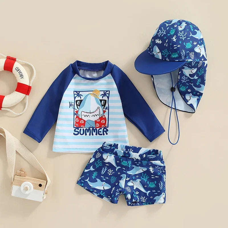 Toddler Boys Shark Print Rash Guard Swimwear Set – UPF 50+