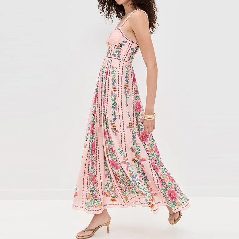 Women’s Elegant Evening Dress – Romantic Floral Print Suspender Style