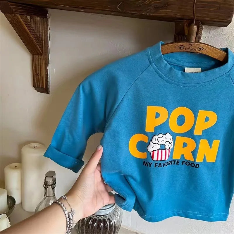 Trendy Cartoon Food Print Cotton T-Shirt – Boys & Girls Long Sleeve Top