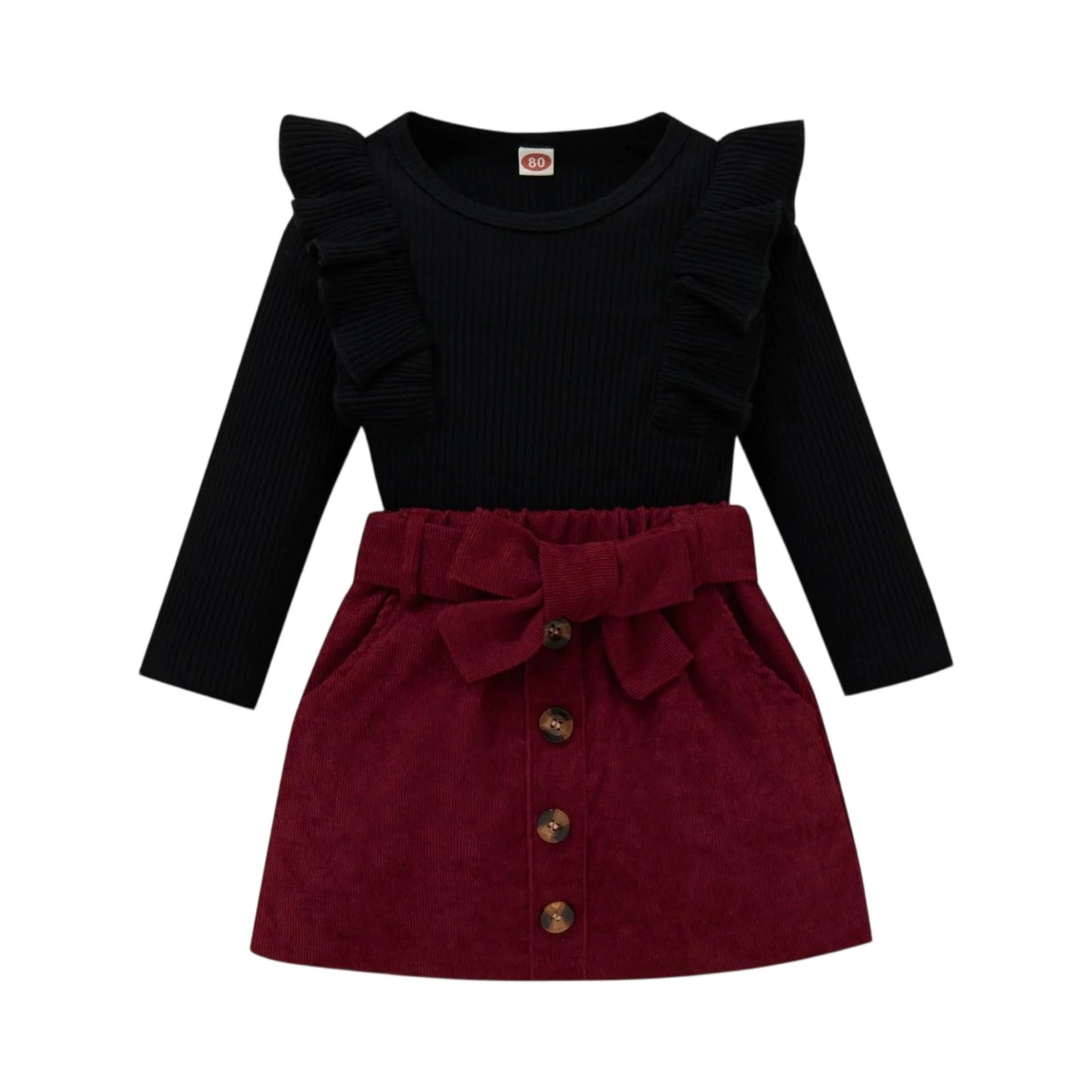 Kids Girls Autumn Clothes Set – Ruffle Knit Top + Belted Skirt