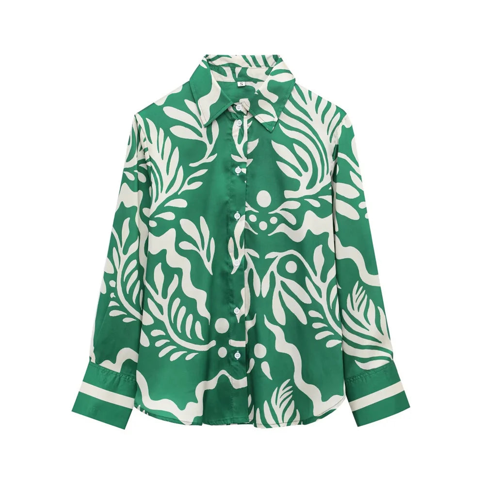 Women’s Fashion Printed Shirt & High Waist Straight Pants Set