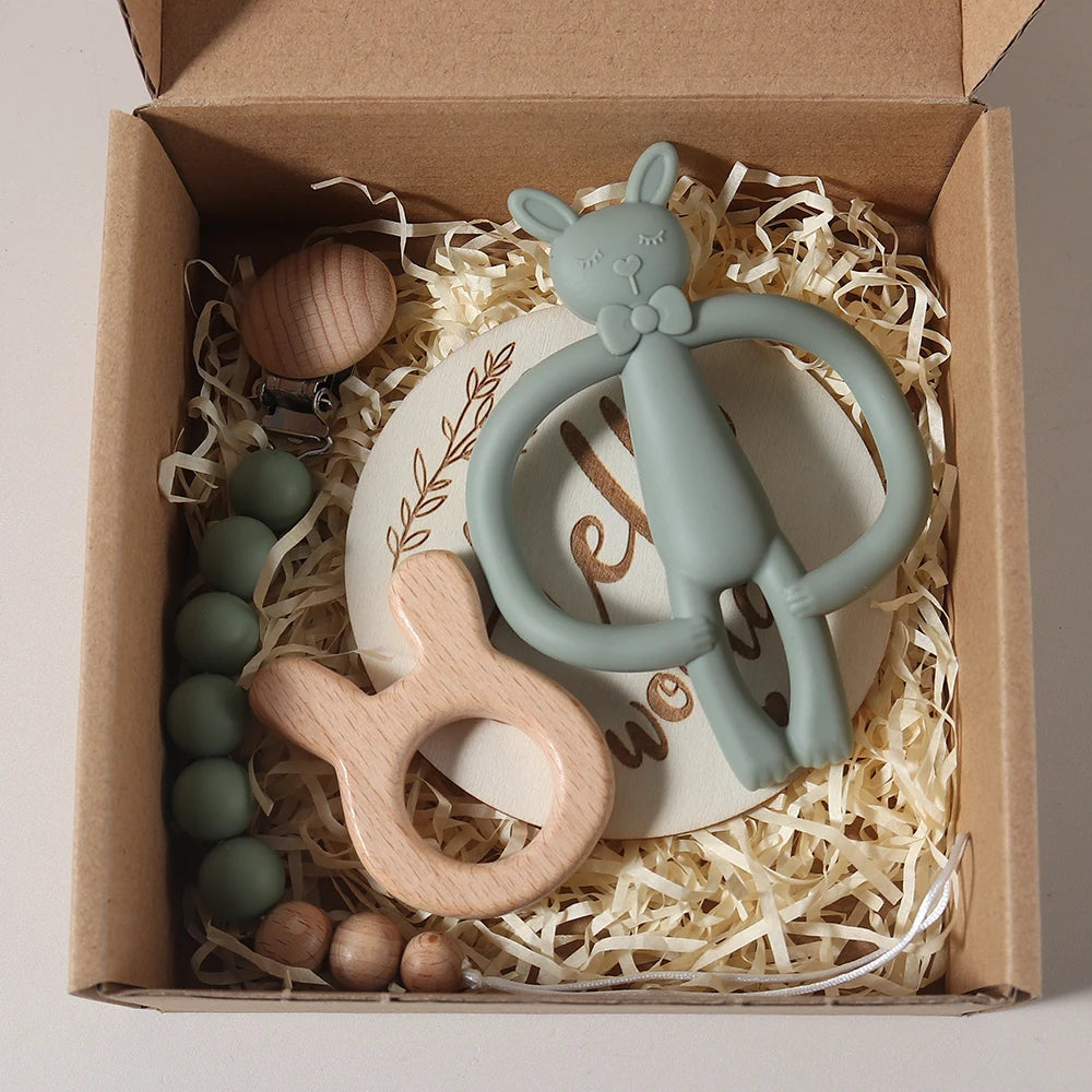 Newborn Growth Milestone Cards & Bunny Teether Gift Set