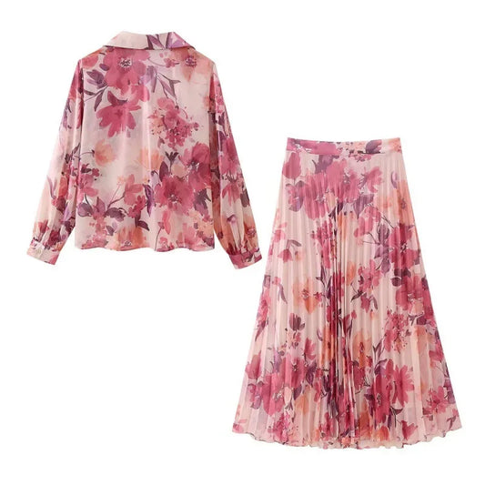 Fashionable Women’s 2-Piece Set – Printed Long Sleeve Shirt & High-Waisted Skirt