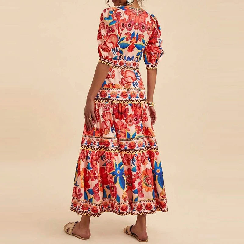 Women’s Elegant V-Neck Bubble Sleeve Long Dress – Vintage Floral Print