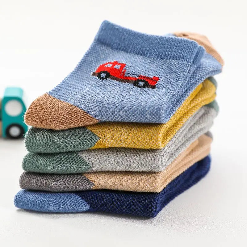 Kids Cotton Ankle Socks – Cartoon Vehicle Design (5 Pairs/Set)