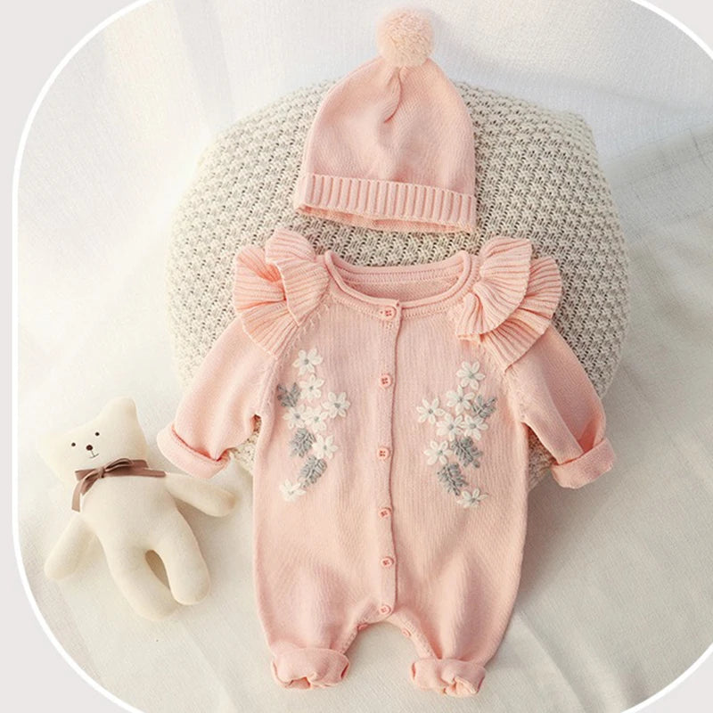 Baby Girl Knitted Romper with Matching Hat – Embroidered Floral Design