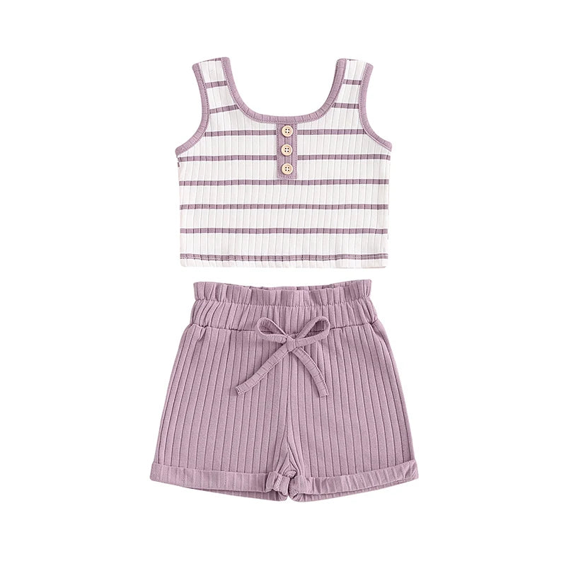 Ribbed Striped Sleeveless Buttoned Vest Tops & Shorts Set