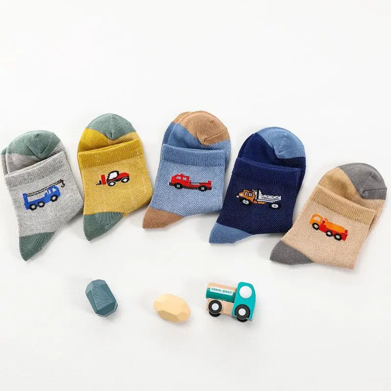 Kids Cotton Ankle Socks – Cartoon Vehicle Design (5 Pairs/Set)