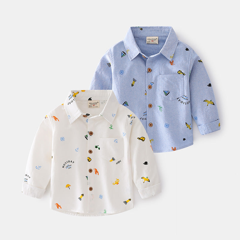 Boys’ Cartoon Print Long Sleeve Lapel Shirt – Casual Oxford Cotton Shirt (Ages 2–8)