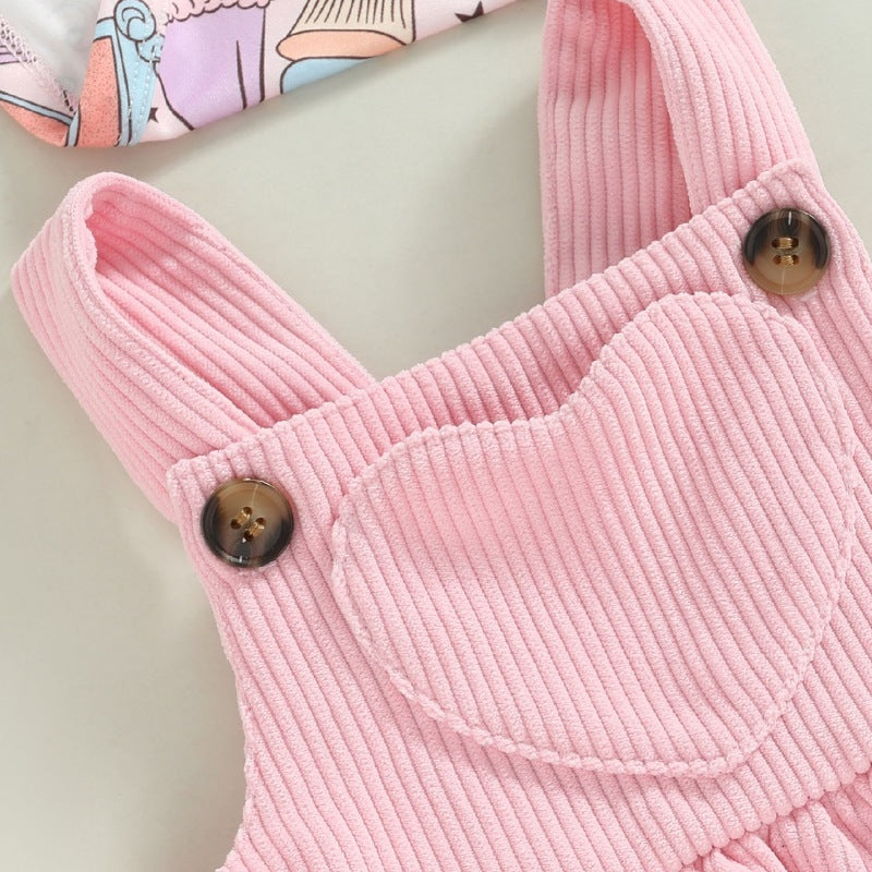 Baby Girl Corduroy Suspender Dress Set – Printed Long Sleeve Top + Dress (0–18M)