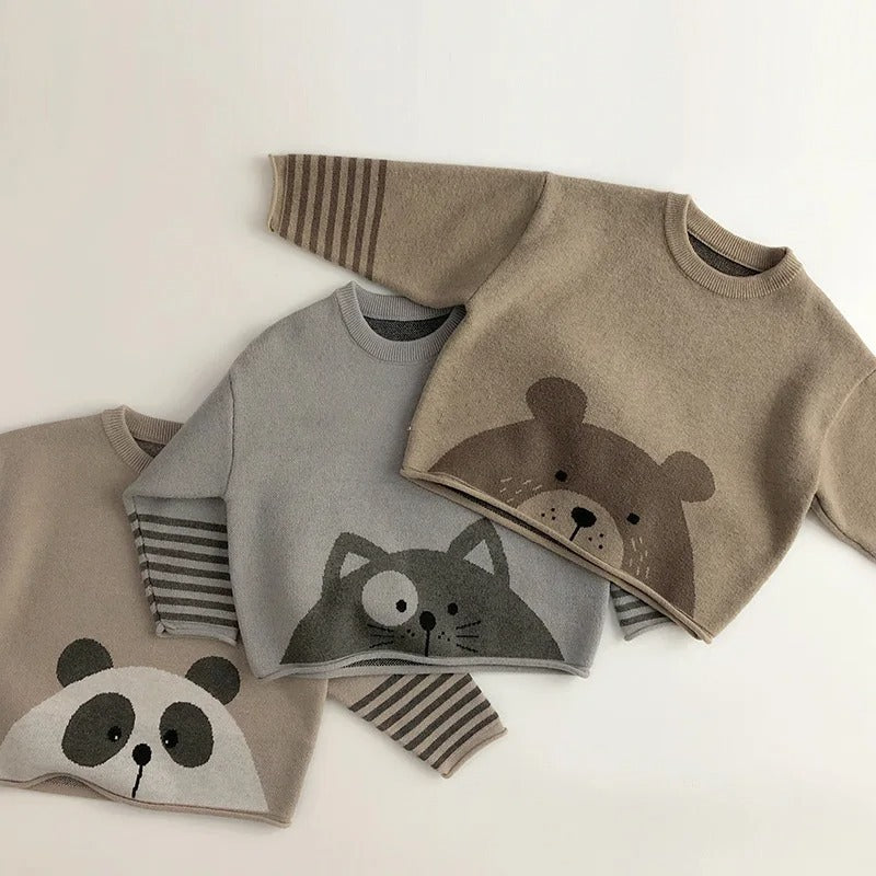 Kids’ Animal Knit Pullover Sweater – Unisex - Panda, Bear, Cat Designs
