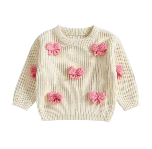 Toddler Girl Warm Knit Sweater with 3D Bow – Cozy Winter Crewneck