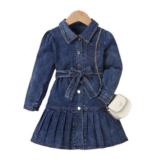 Girls’ Pleated Denim Cardigan Dress with Bow Belt – Two-Piece Set