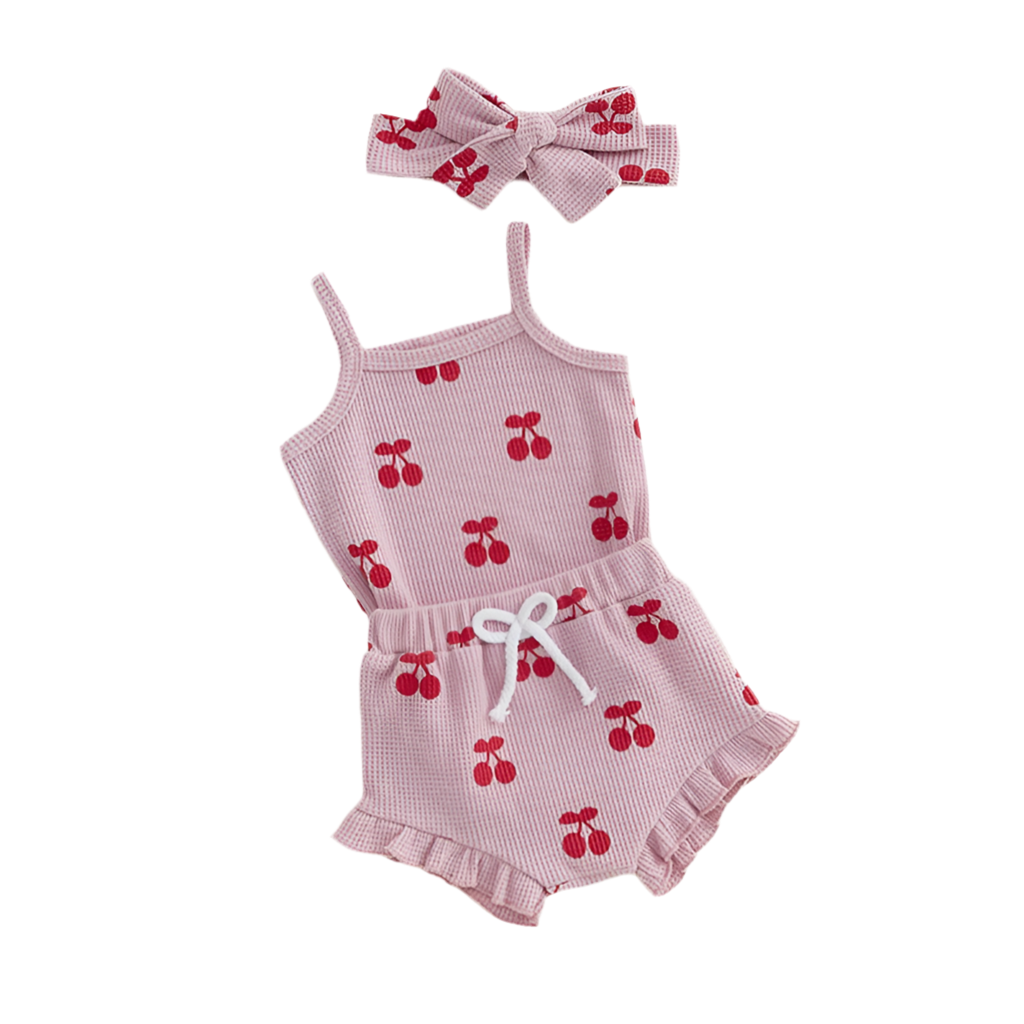 Baby Girls Summer Shorts Outfit – Cherry Romper & Headband Set