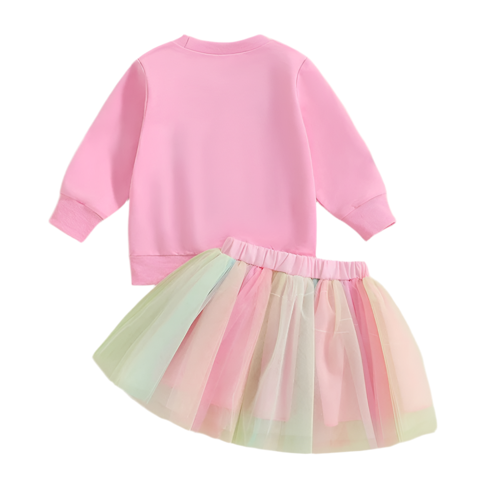 Toddler Birthday Outfit – Letter Print Sweatshirt & Rainbow Tutu Skirt