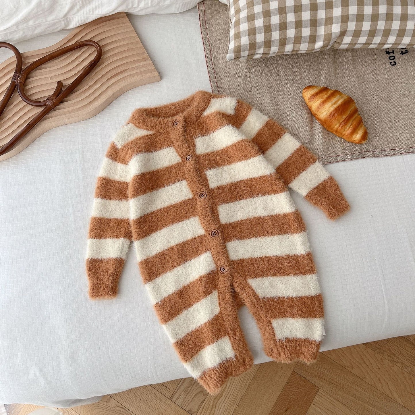 Striped Baby Mink-Feel Romper – Warm & Unisex