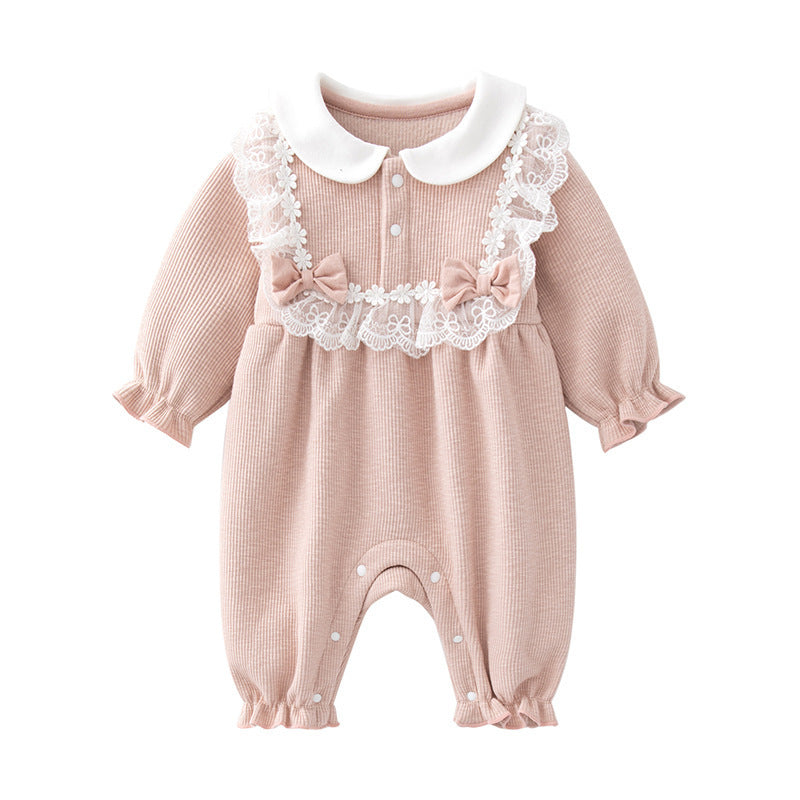 Cozy Fleece-Lined Baby Girl Jumpsuit – Cotton Pullover with Bows (Autumn/Winter)