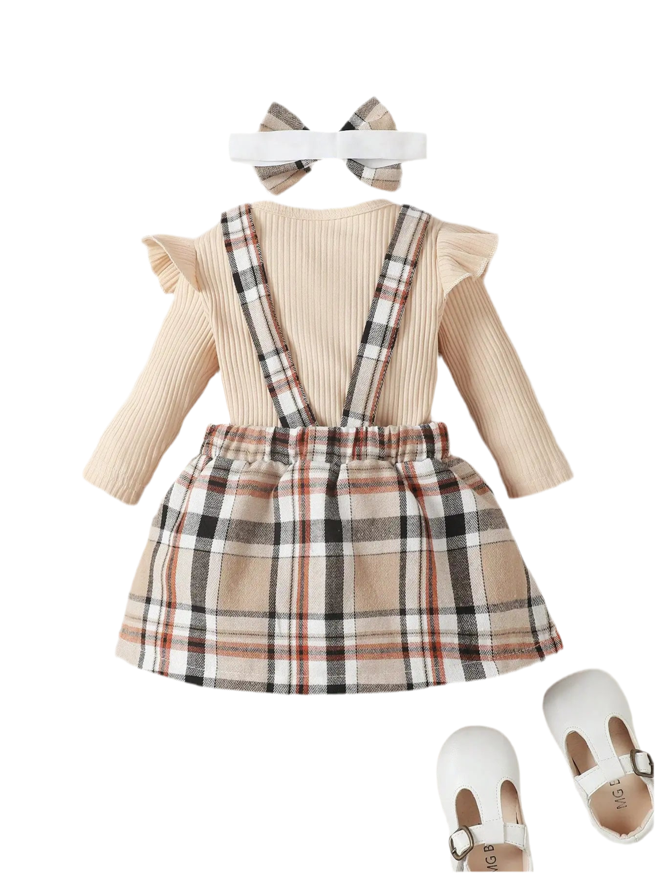 Baby Girl Apricot Long Sleeve Jumpsuit & Bow Grid Strap Skirt Set (0–18M)