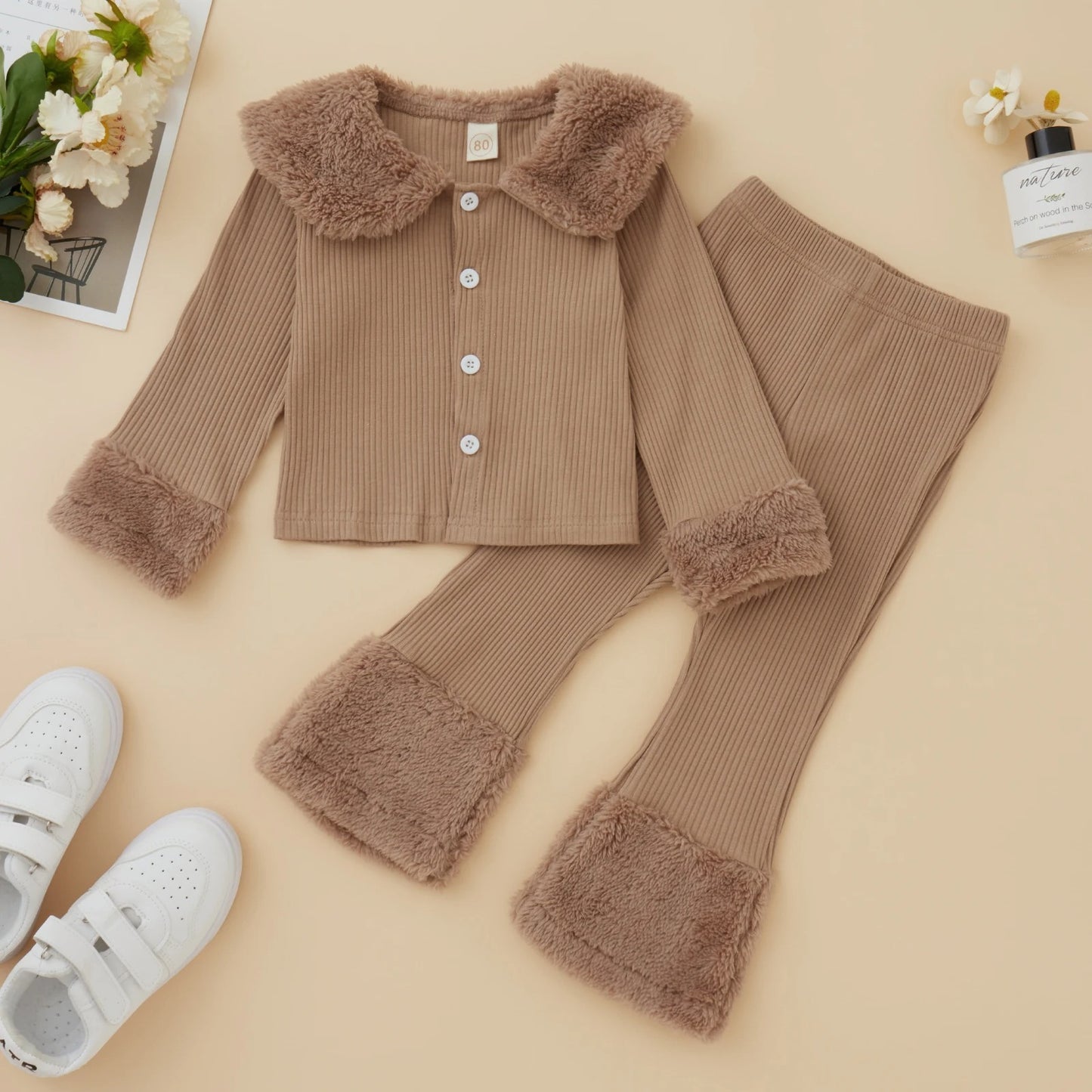 Girls’ Plush Lapel Shirt & Pants Set – Cozy Cotton-Linen Outfit