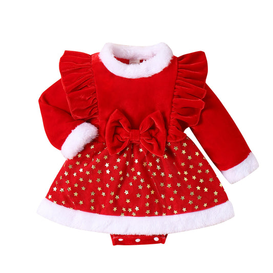 Infant & Toddler Winter Star Dress – Velvet Patchwork Long Sleeve Outfit (Red)