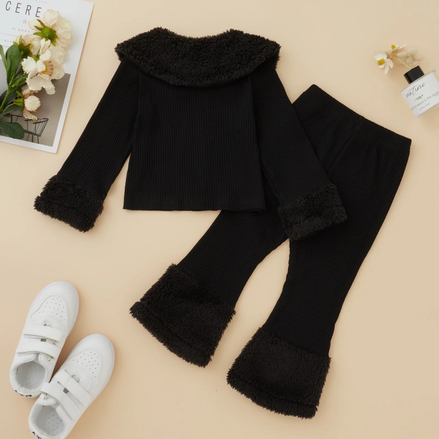 Girls’ Plush Lapel Shirt & Pants Set – Cozy Cotton-Linen Outfit