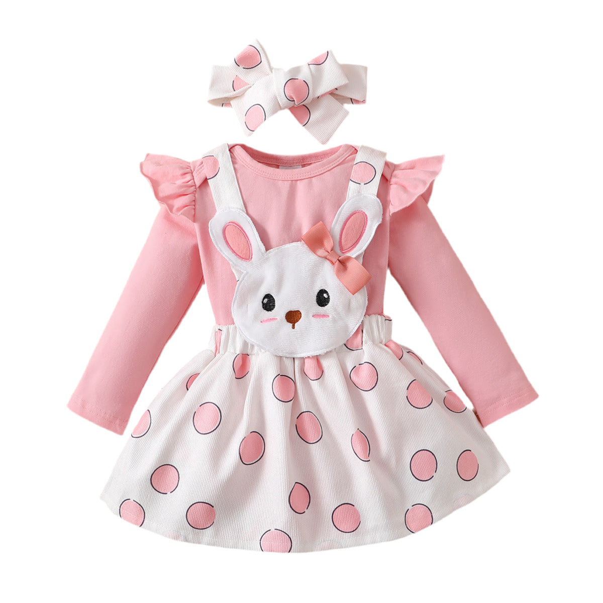Polka Dot Rabbit Embroidered Suspender Dress Set with Headband