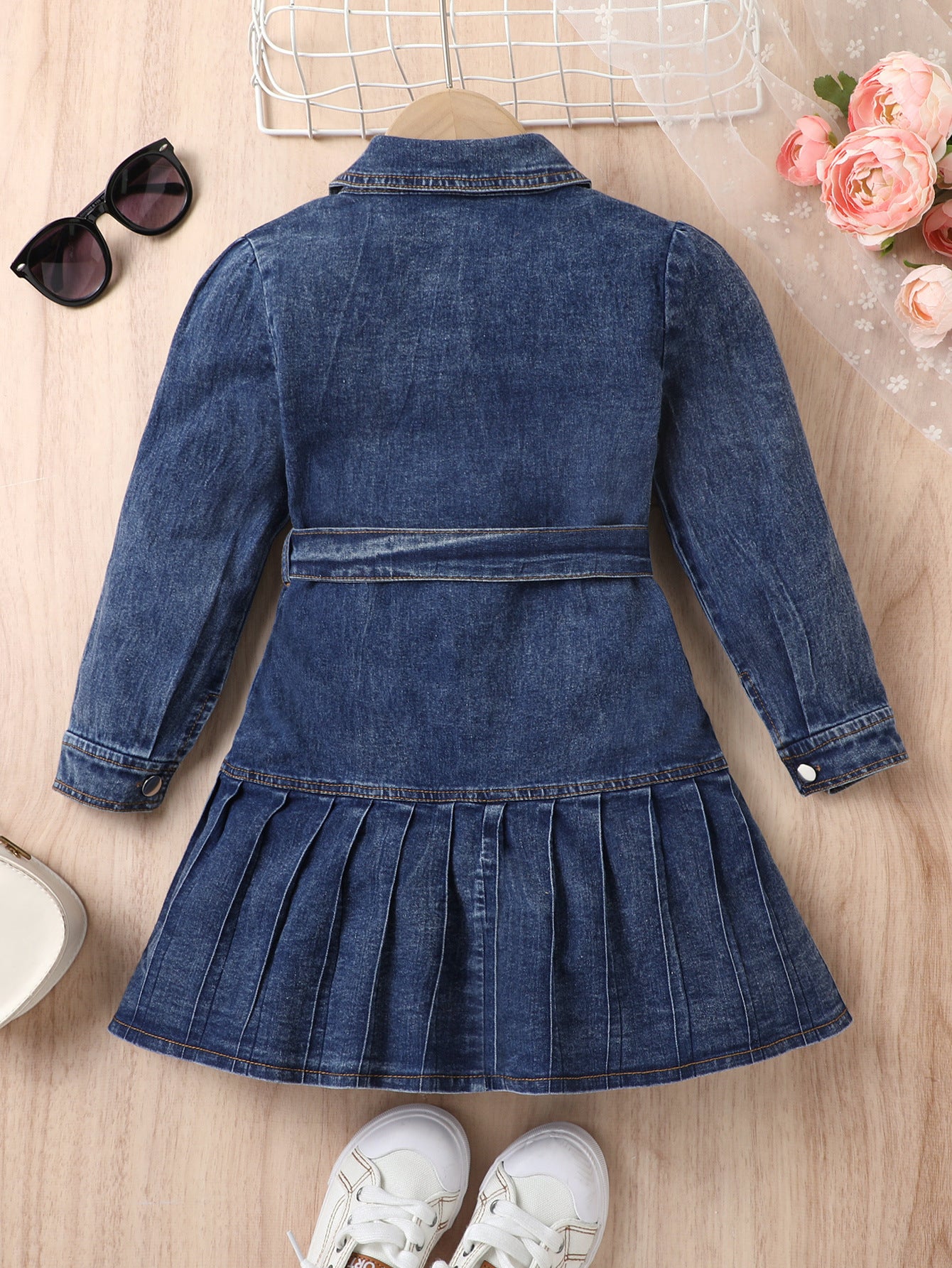 Girls’ Pleated Denim Cardigan Dress with Bow Belt – Two-Piece Set