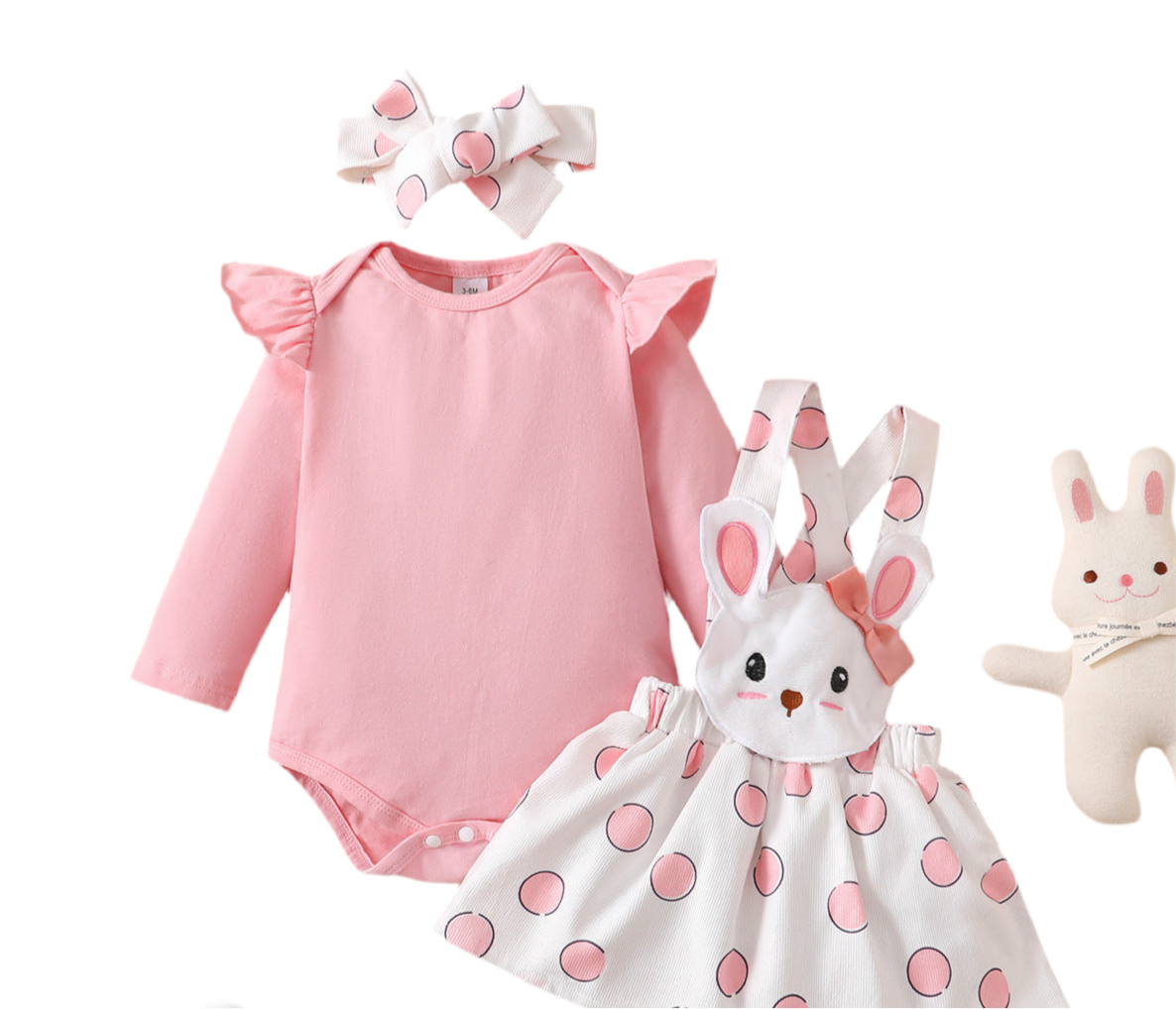 Polka Dot Rabbit Embroidered Suspender Dress Set with Headband