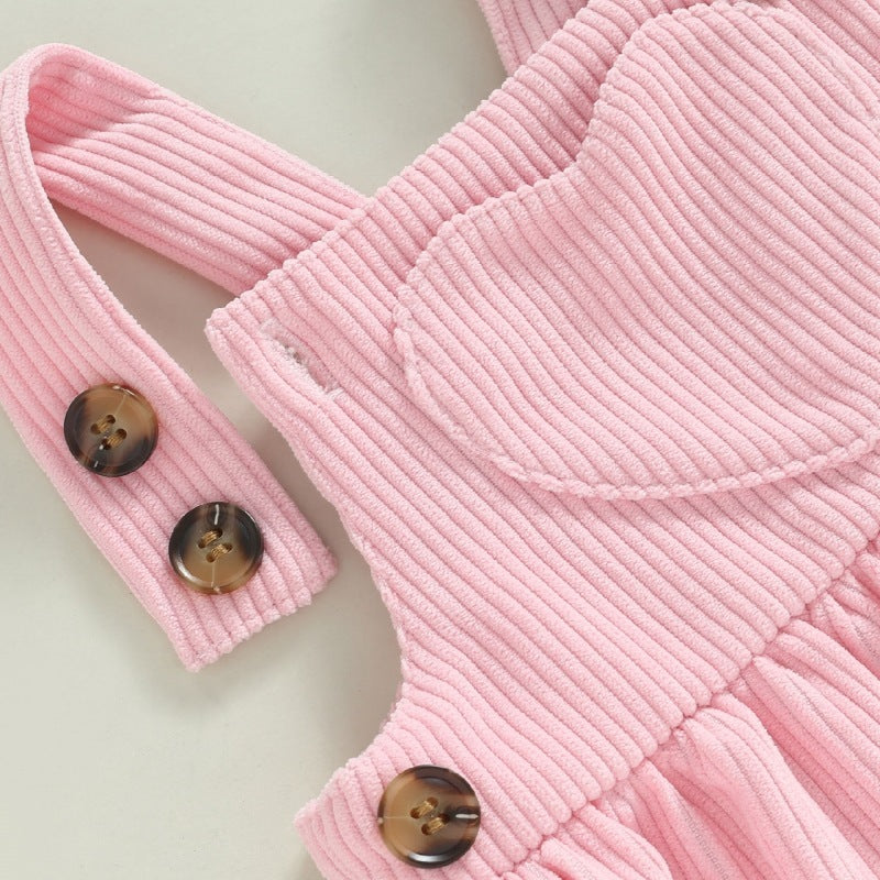 Baby Girl Corduroy Suspender Dress Set – Printed Long Sleeve Top + Dress (0–18M)