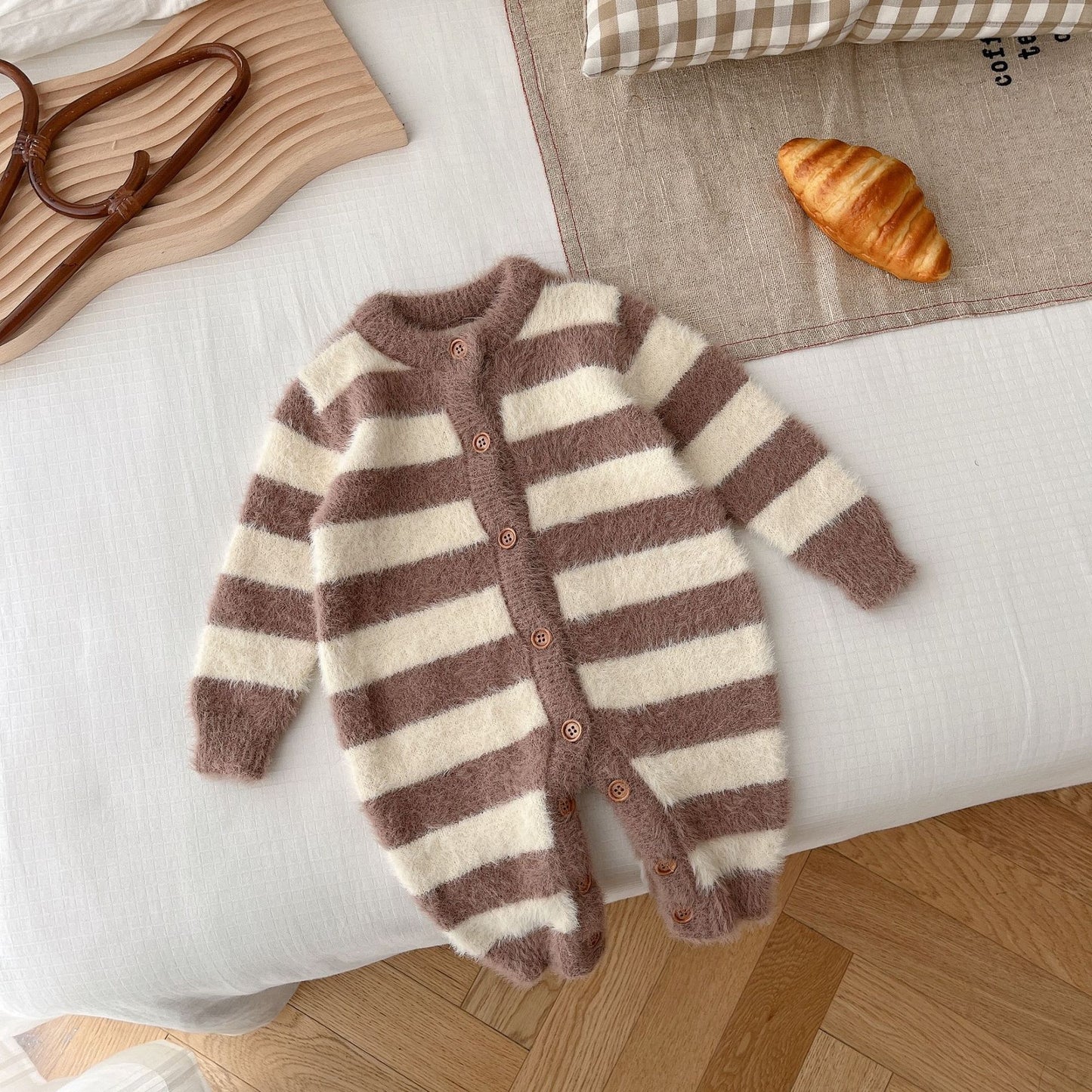 Striped Baby Mink-Feel Romper – Warm & Unisex