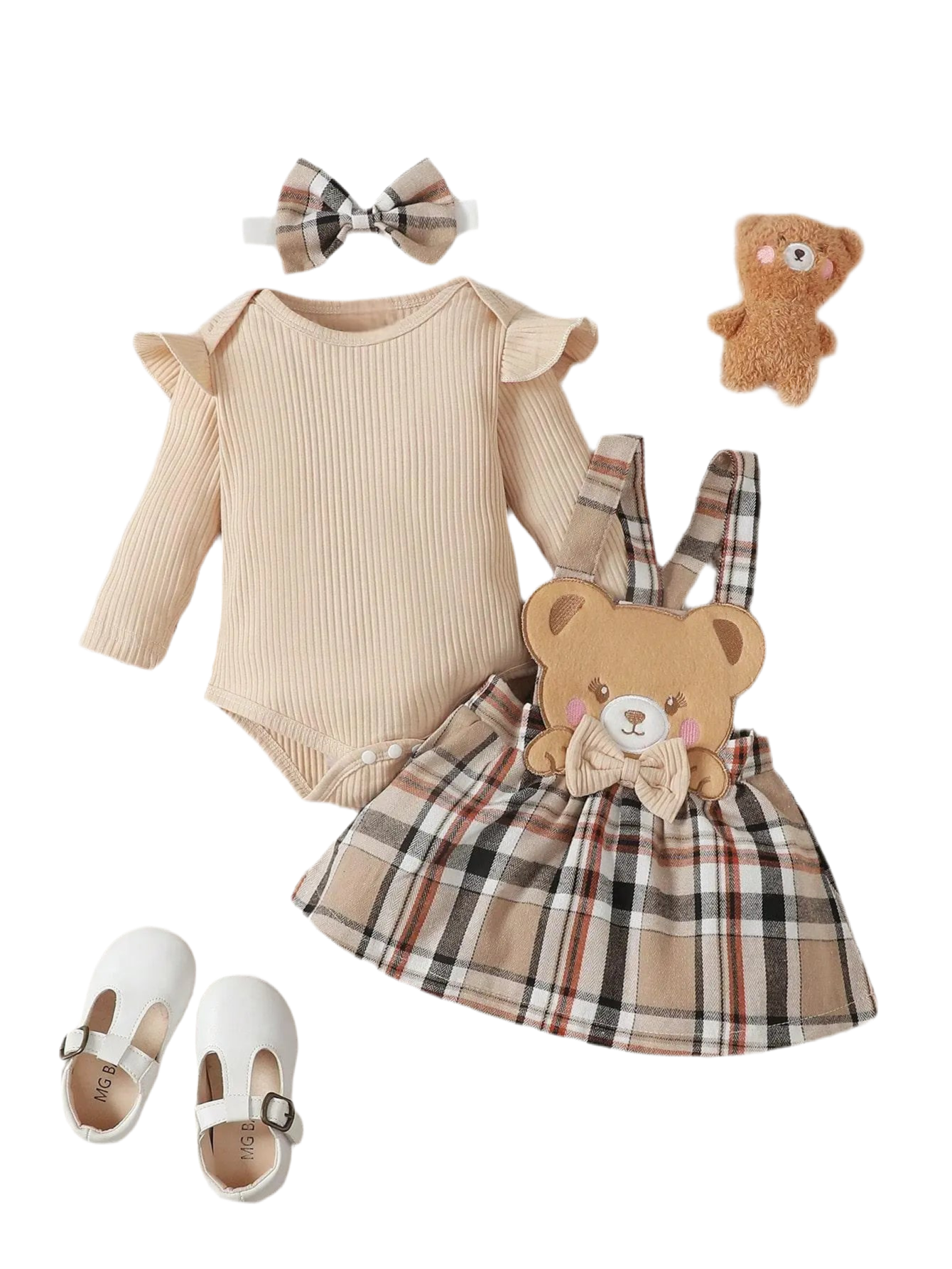 Baby Girl Apricot Long Sleeve Jumpsuit & Bow Grid Strap Skirt Set (0–18M)