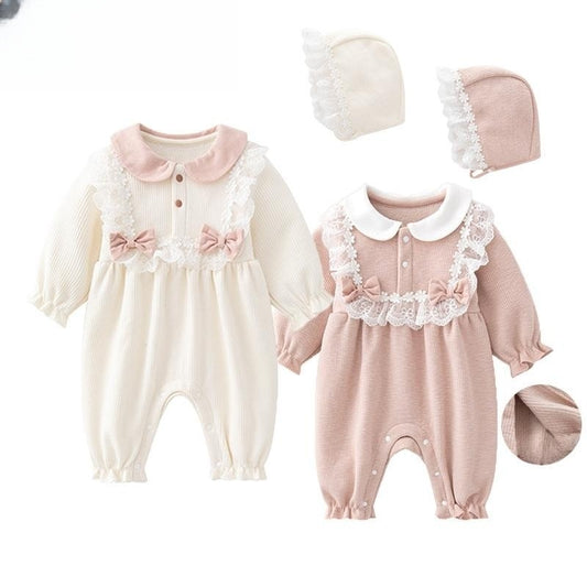 Cozy Fleece-Lined Baby Girl Jumpsuit – Cotton Pullover with Bows (Autumn/Winter)