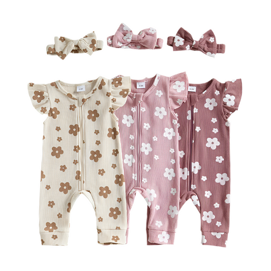 Baby Girls Summer Outfit – Floral Romper & Bow Headband (2-Piece Set)