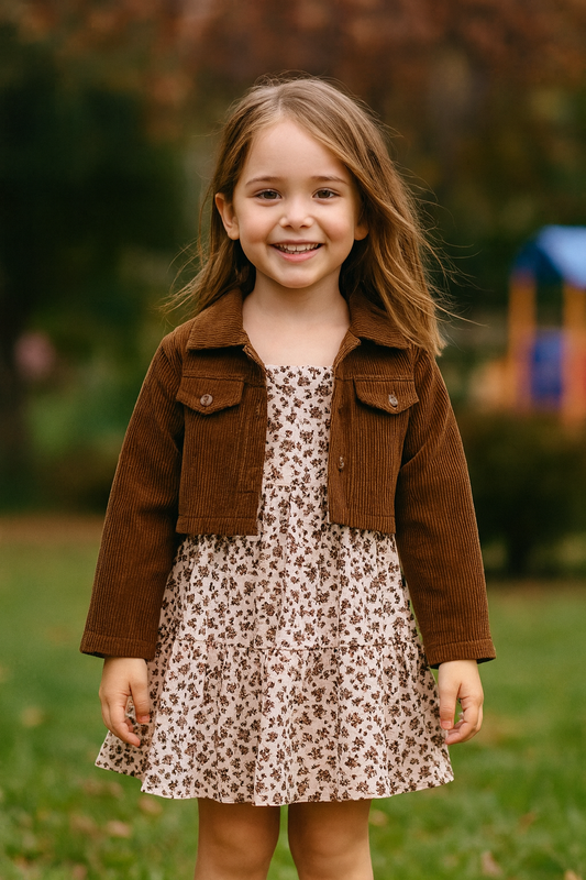 Girls Autumn Jacket + Floral Dress Set (3–7Y)