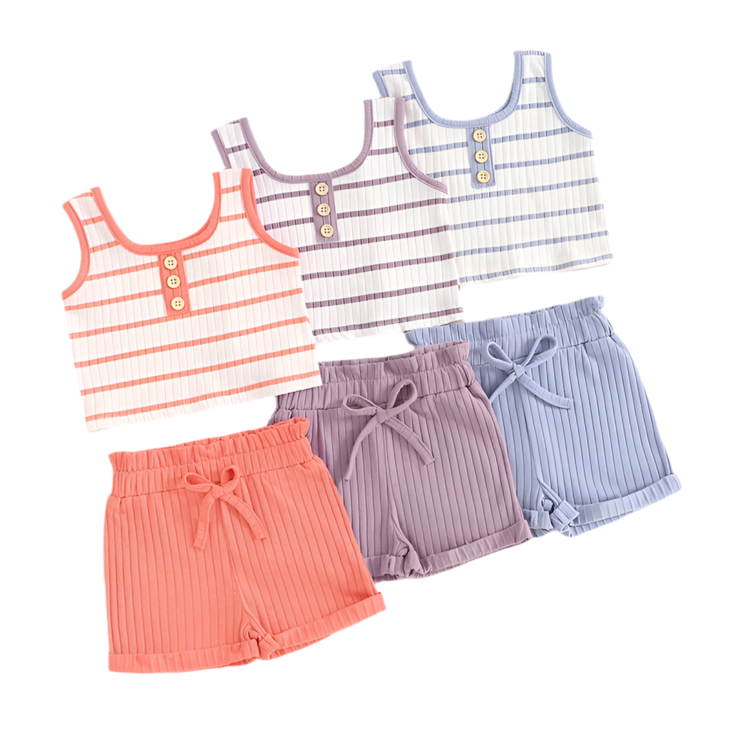 Ribbed Striped Sleeveless Buttoned Vest Tops & Shorts Set