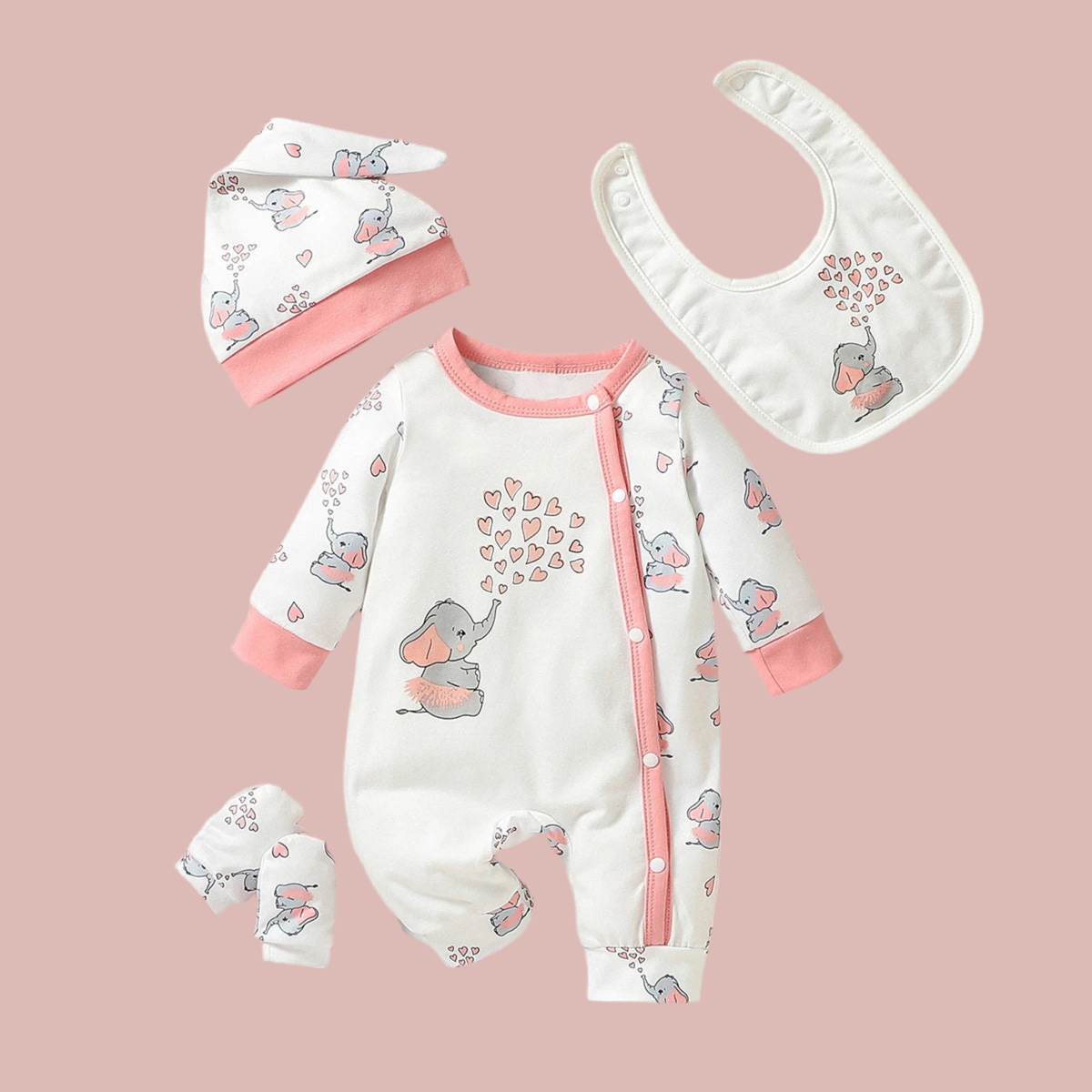 4PCS Baby Jumpsuit Set with Bib, Hat & Gloves – Unisex Animal Print
