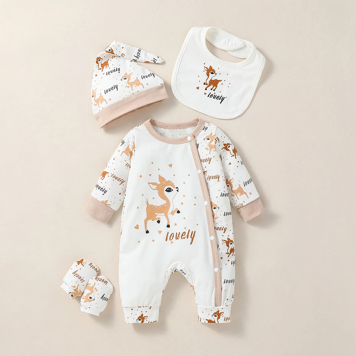 4PCS Baby Jumpsuit Set with Bib, Hat & Gloves – Unisex Animal Print