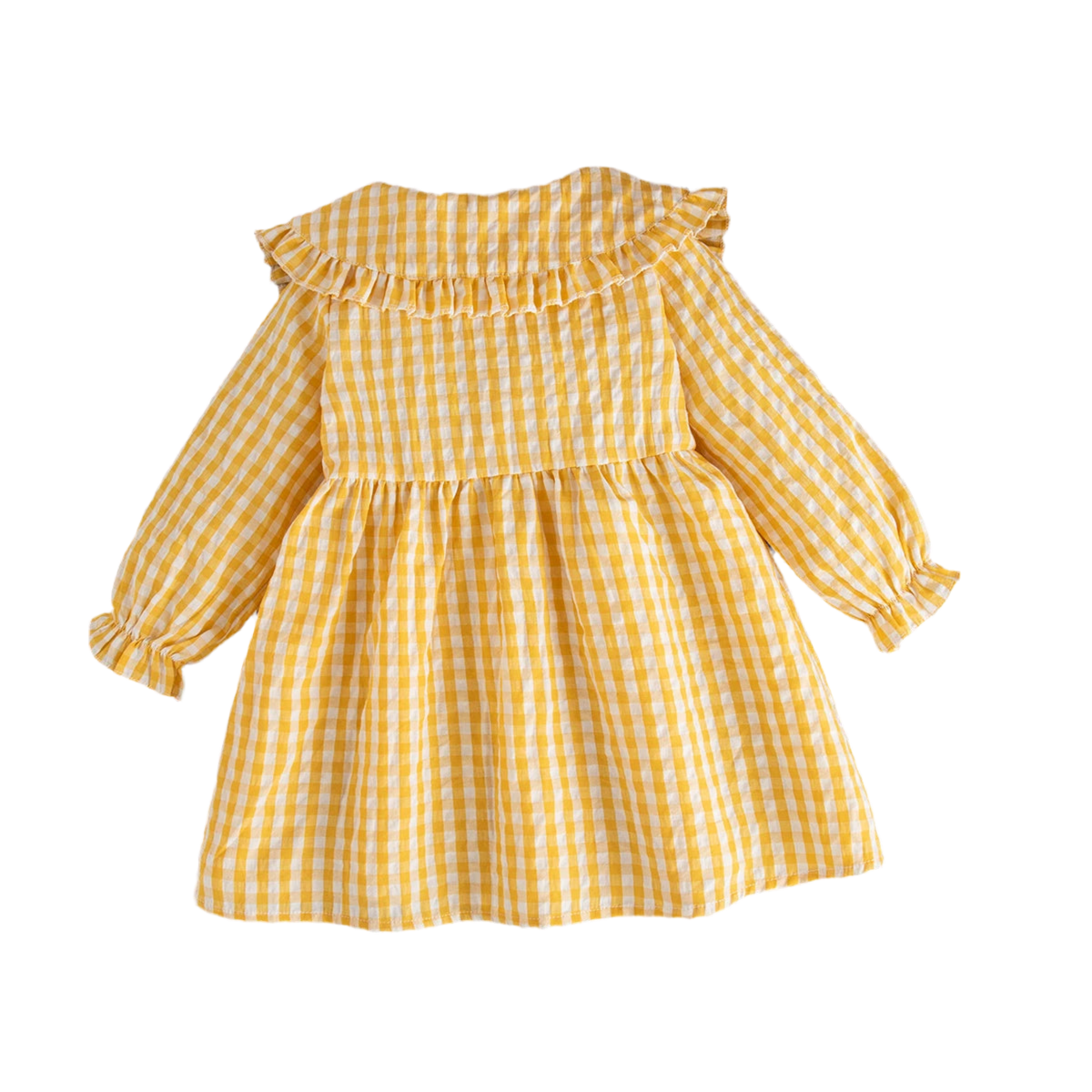 Sweet Strawberry Baby Girl Dress – Yellow Checkered, Long Sleeve (6M–3Y)