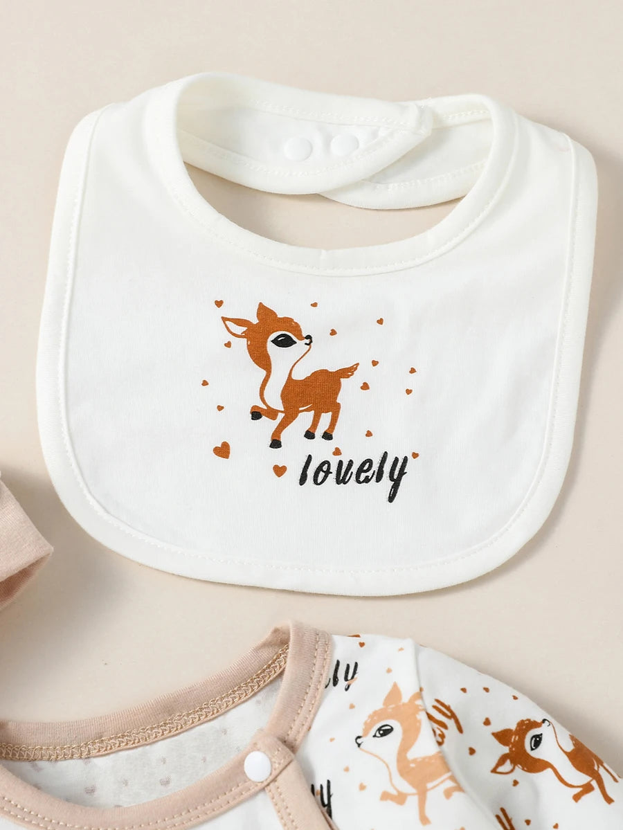 4PCS Baby Jumpsuit Set with Bib, Hat & Gloves – Unisex Animal Print