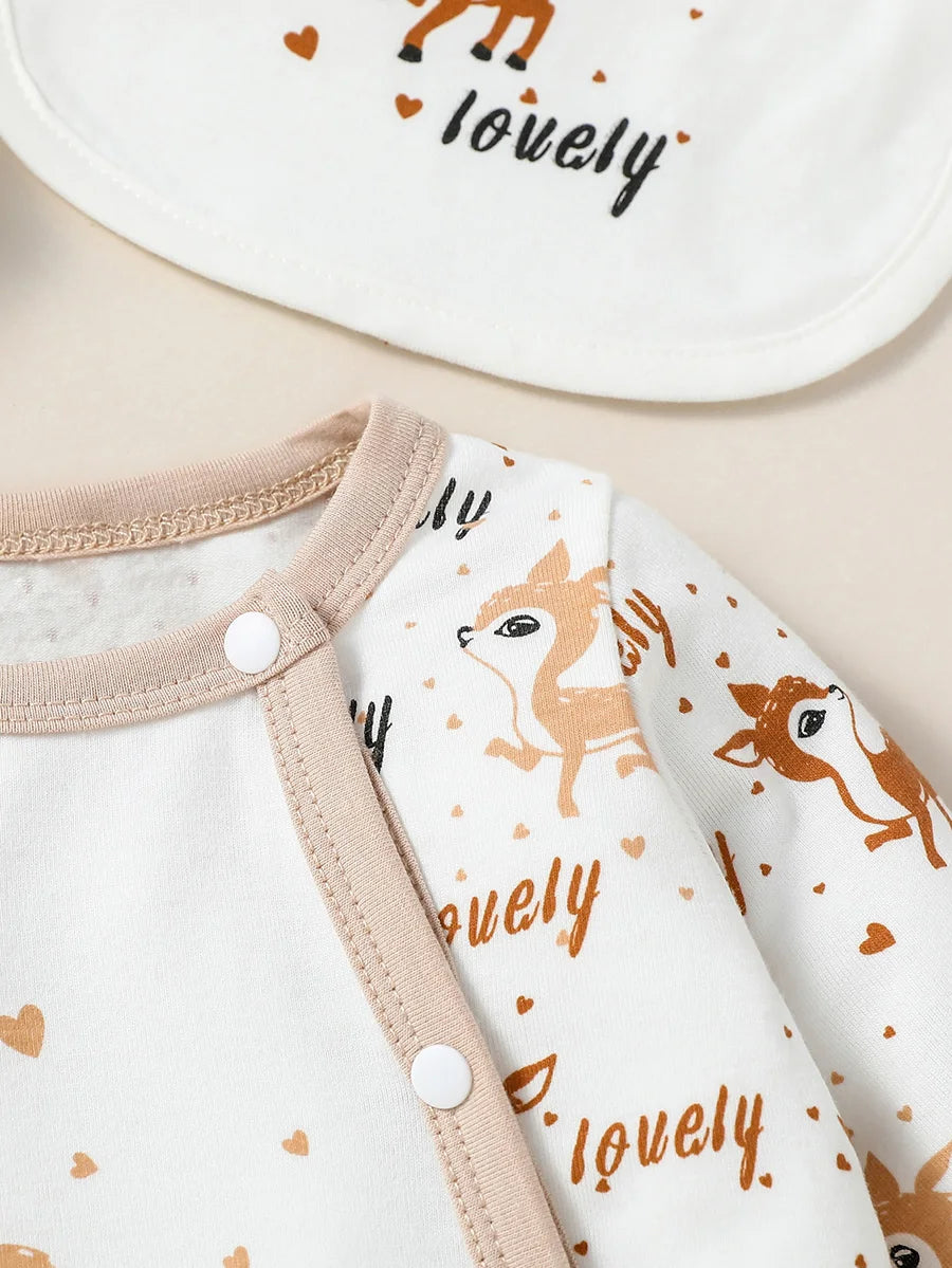 4PCS Baby Jumpsuit Set with Bib, Hat & Gloves – Unisex Animal Print