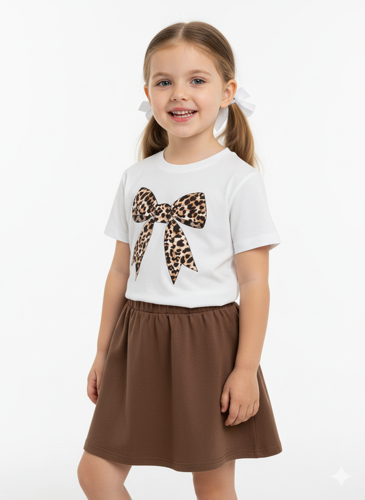 Girls Leopard Print Bowknot T-shirt