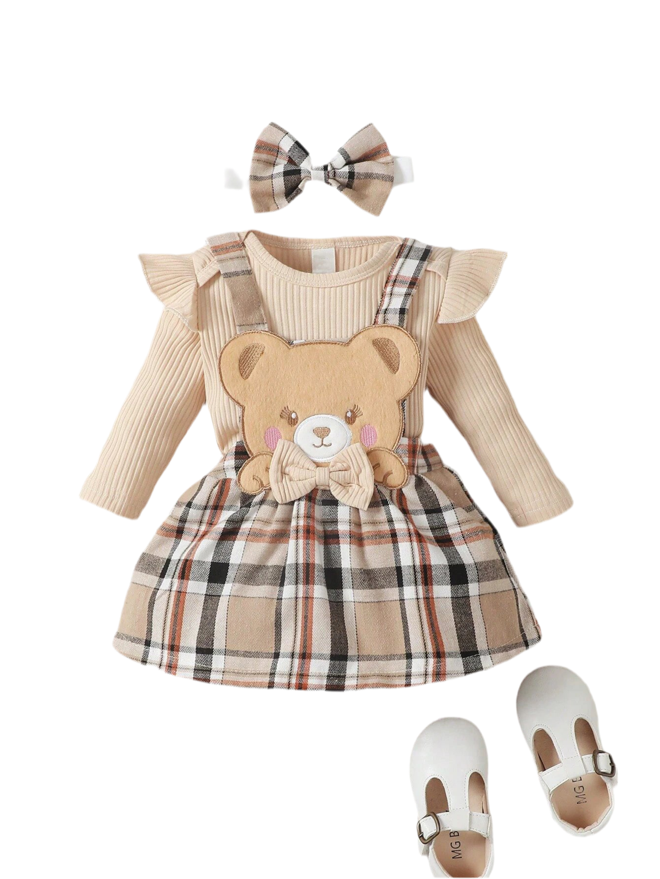 Baby Girl Apricot Long Sleeve Jumpsuit & Bow Grid Strap Skirt Set (0–18M)