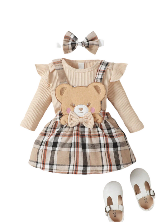 Baby Girl Apricot Long Sleeve Jumpsuit & Bow Grid Strap Skirt Set (0–18M)