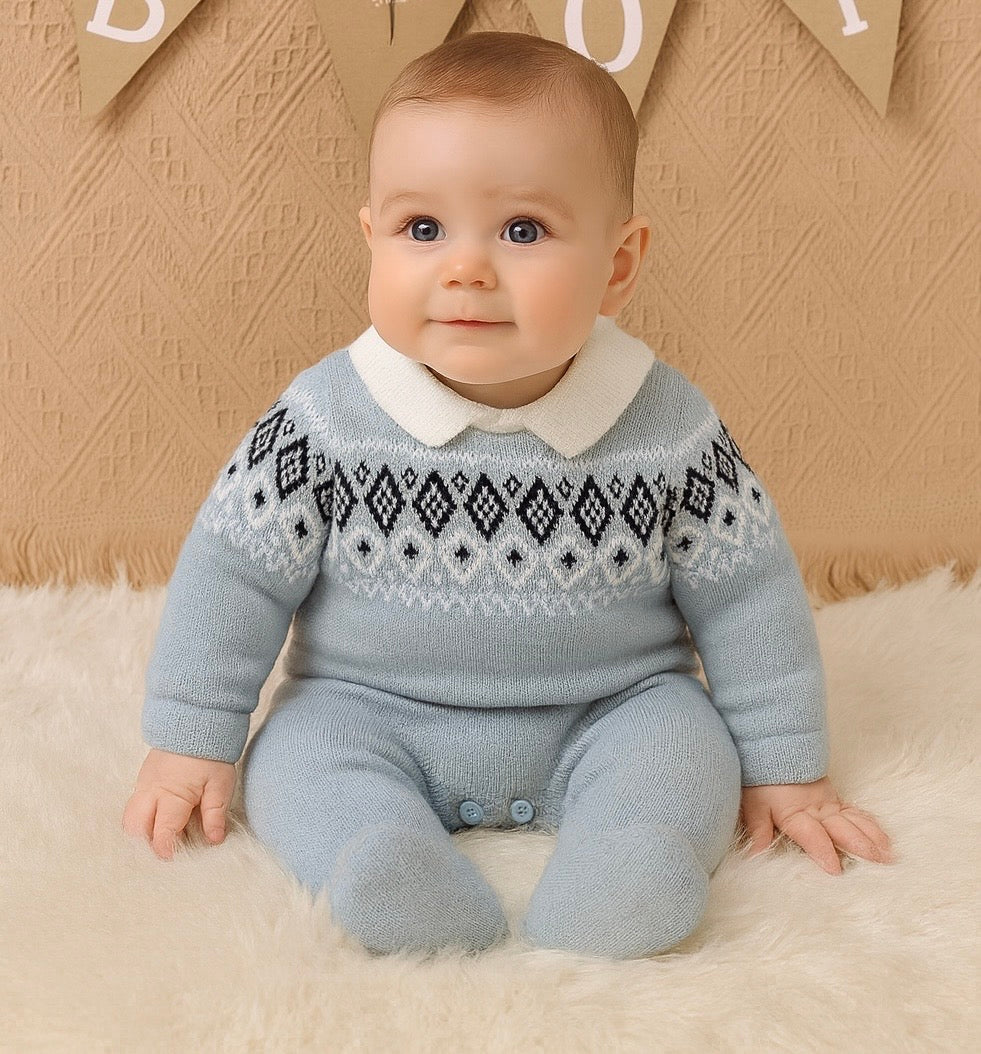 Geometric Knitted Baby Romper – Turn-Down Collar & Footed Design