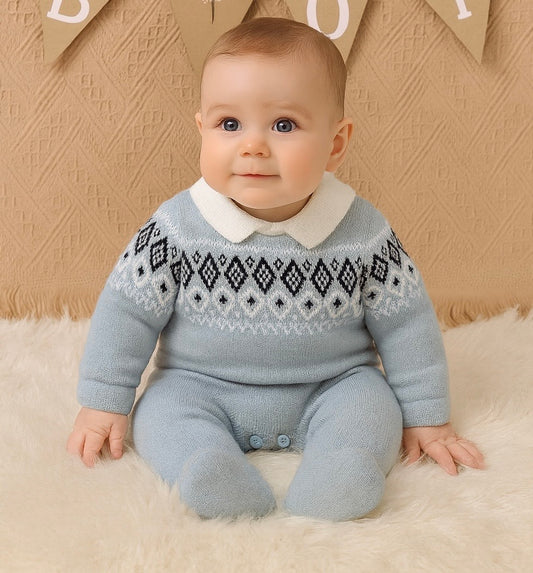 Geometric Knitted Baby Romper – Turn-Down Collar & Footed Design