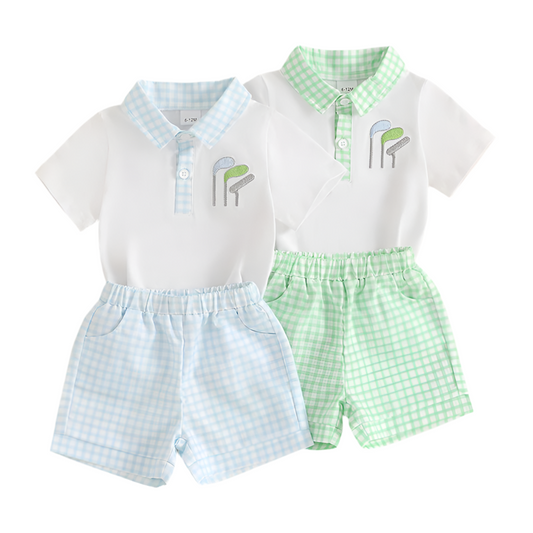 Baby Boy 2-Piece Summer Outfit – Golf Club Embroidered Shirt & Plaid Shorts